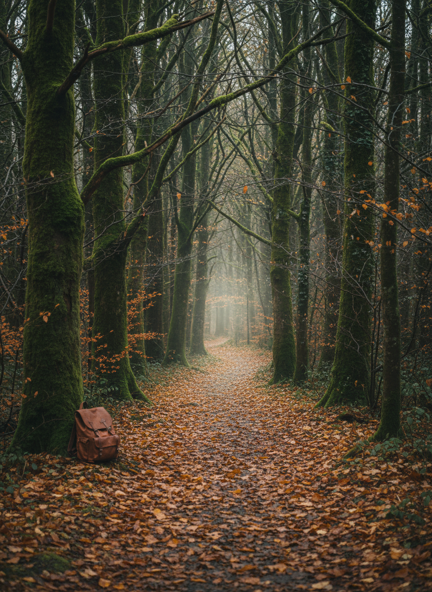 A narrow woodland path covered in damp, golden-brown leaves winding between tall, moss-covered trees in early autumn, captured after rain. Tiny droplets cling to delicate branches and glisten where a soft shaft of overcast afternoon light breaks through the canopy, illuminating part of the path like a gentle invitation forward. A simple leather backpack rests against a tree trunk at the frame’s edge, suggesting unhurried exploration. Photographic realism with a slightly elevated angle and deep focus, drawing the viewer’s eye along the curve of the trail. The atmosphere is hushed and contemplative, evoking solitary travel and inner growth rather than tourism, with muted, natural tones and a calm, sophisticated mood.