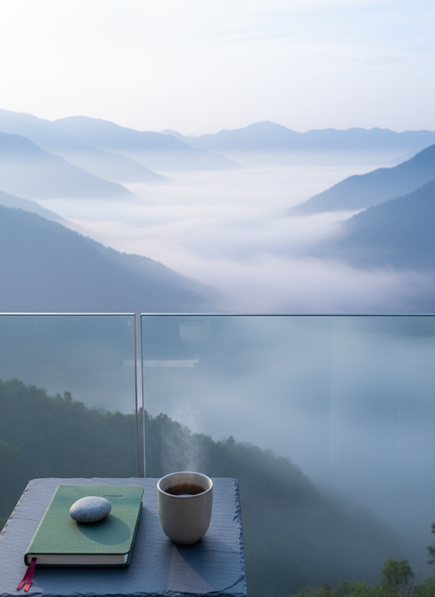 A wide, glass balcony railing overlooking a quiet, mist-covered mountain valley at dawn, with layered ridgelines fading into soft blue and violet hues. On a simple slate-gray table in the foreground rests a closed, cloth-bound notebook with a silk ribbon marker, a smooth river stone placed on top as a paperweight, and a minimalist ceramic cup of tea. Pale, cool morning light seeps through the fog, creating gentle, diffused illumination with almost no harsh shadows, evoking privacy and contemplation. Photographic realism with a low, slightly forward-leaning angle, emphasizing depth from the intimate objects out to the vast landscape. The mood is spacious, peaceful, and introspective, suggesting personal exploration without any sense of tourism or spectacle.