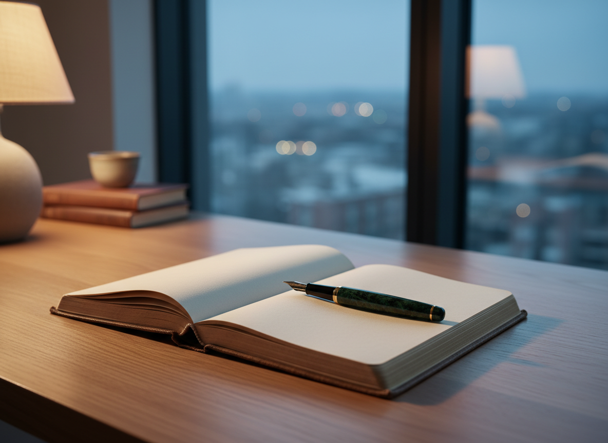 A well-worn, linen-bound journal lying open on a smooth oak desk, its creamy, unlined pages blank except for a single, carefully placed fountain pen with a dark green marbled barrel. The desk sits beside a tall window overlooking a softly blurred cityscape at blue hour, with distant lights just beginning to glow. Cool, natural evening light mingles with the warm glow of a small, shaded table lamp, creating gentle, overlapping pools of illumination and subtle shadows. Photographic realism, eye-level composition with a shallow depth of field, emphasizing quiet anticipation and personal reflection, as if a private story is about to begin. The mood is sophisticated, introspective, and serene, with a minimalist, uncluttered environment.