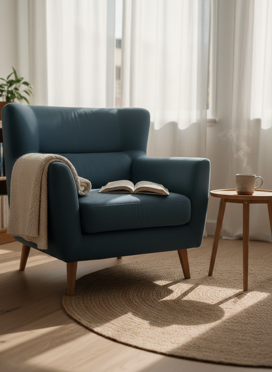 A sunlit corner of a quiet living room, featuring a deep, slate-blue armchair with a textured wool throw neatly folded over one arm, and an open hardcover book resting face-down on the seat cushion. A small side table in pale oak holds a simple ceramic mug of herbal tea, steam rising faintly. Soft late-afternoon sunlight filters through sheer white curtains, casting delicate, elongated shadows across a woven jute rug. Photographic realism at eye level, composed with the armchair on the rule of thirds and a gentle bokeh in the background. The scene feels like a private sanctuary for reading and reflection, sophisticated yet warm, with an atmosphere of calm, slow-paced personal growth.