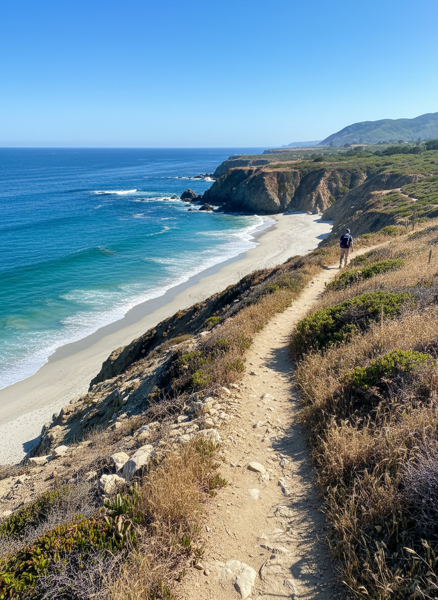 A scenic Southern California coastal hiking trail with ocean beach views, golden cliffs and chaparral