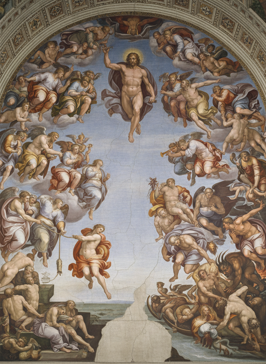 Michelangelo's The Last Judgement fresco from the Sistine Chapel — Christ at center, saints ascending to heaven, the damned descending to hell, rich Renaissance detail.